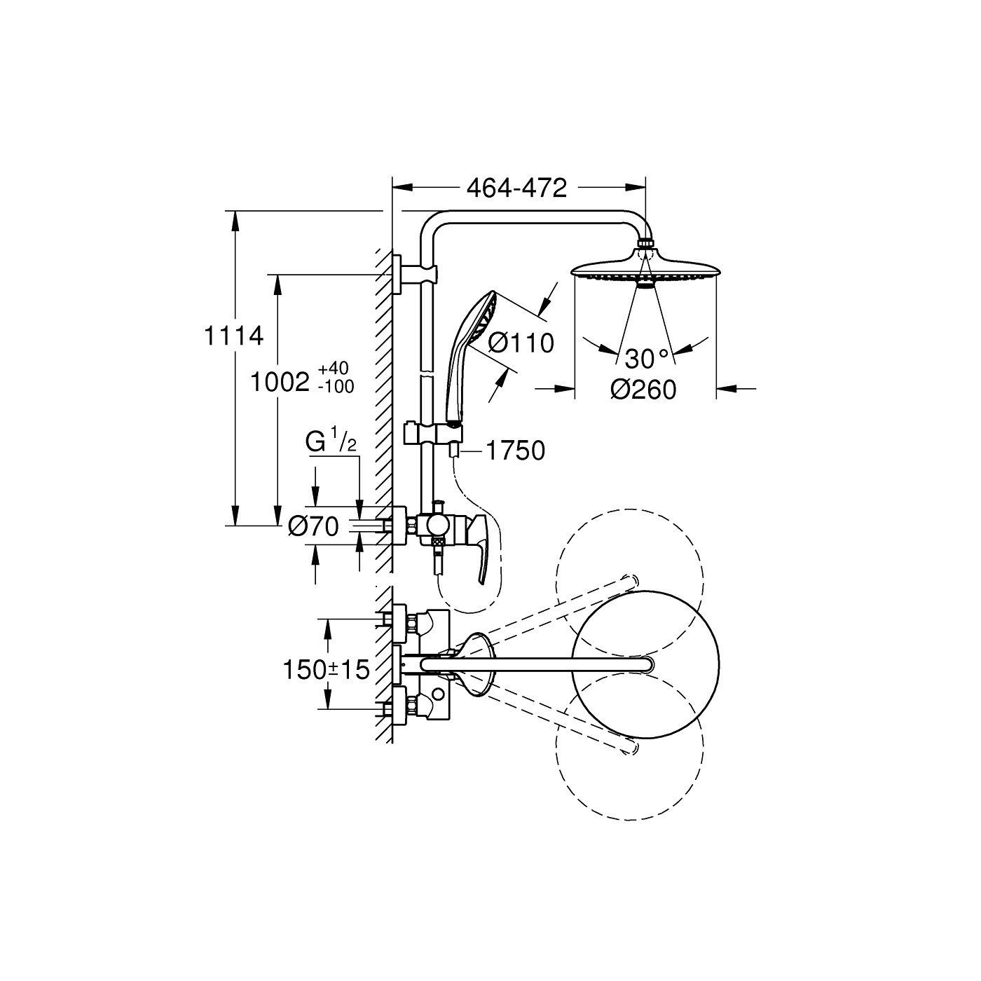System Prysznicowy Z Jednouchwytową Baterią Ścienną Euphoria System 27473002 Grohe