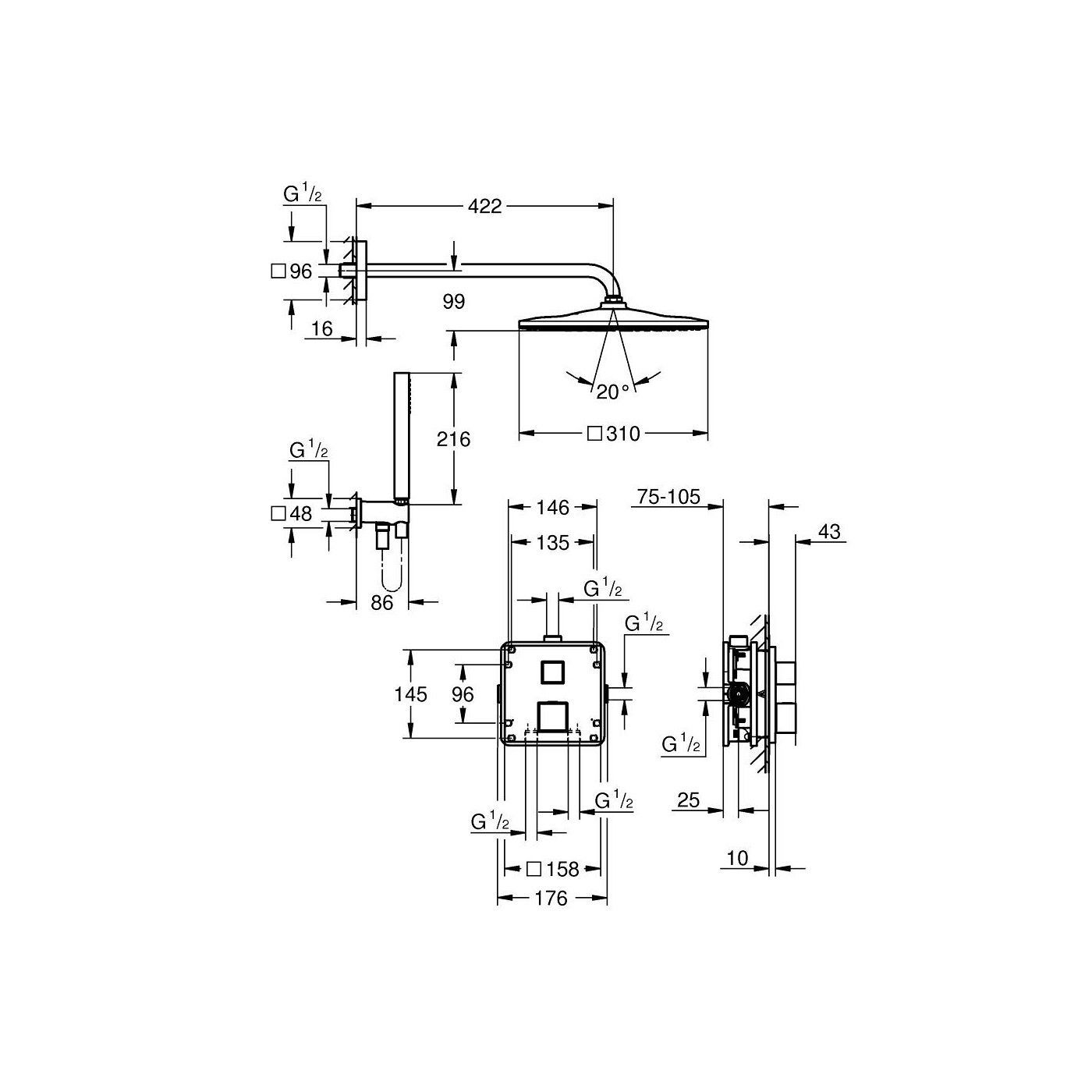 Zestaw Prysznicowy Z Deszczownicą Rainshower Mono 310 Cube Grohtherm Cube 34868000 Grohe