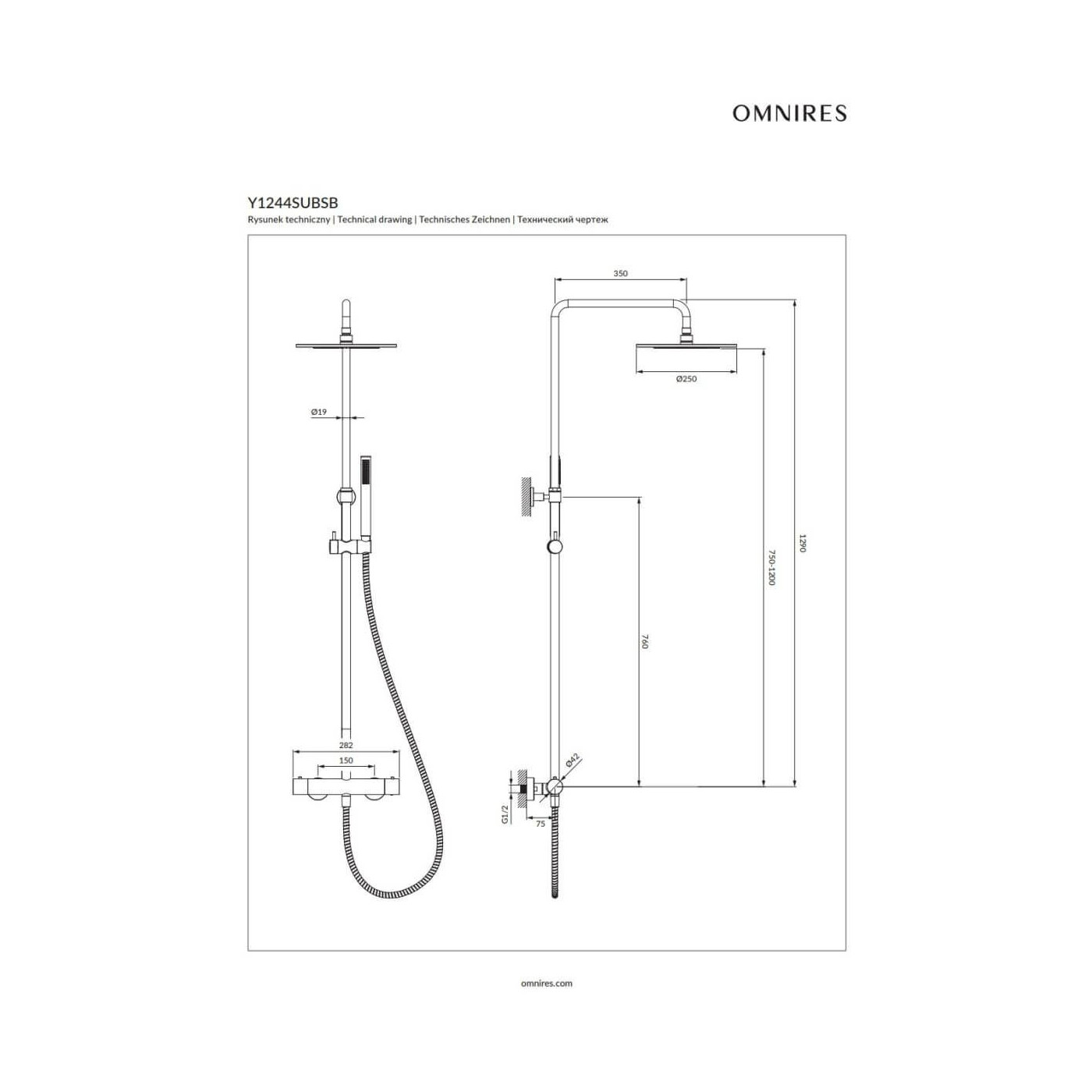 Termostatyczny System Prysznicowy Natynkowy Y Mosiądz Szczotkowany Y1244SUBSB Omnires