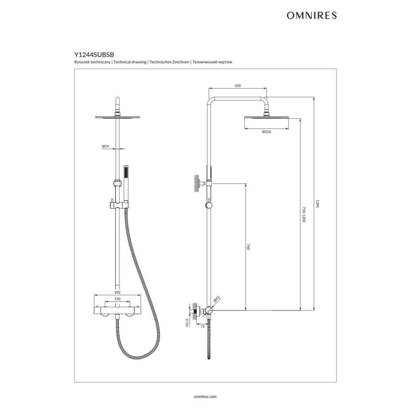 Termostatyczny System Prysznicowy Natynkowy Y Mosiądz Szczotkowany Y1244SUBSB Omnires
