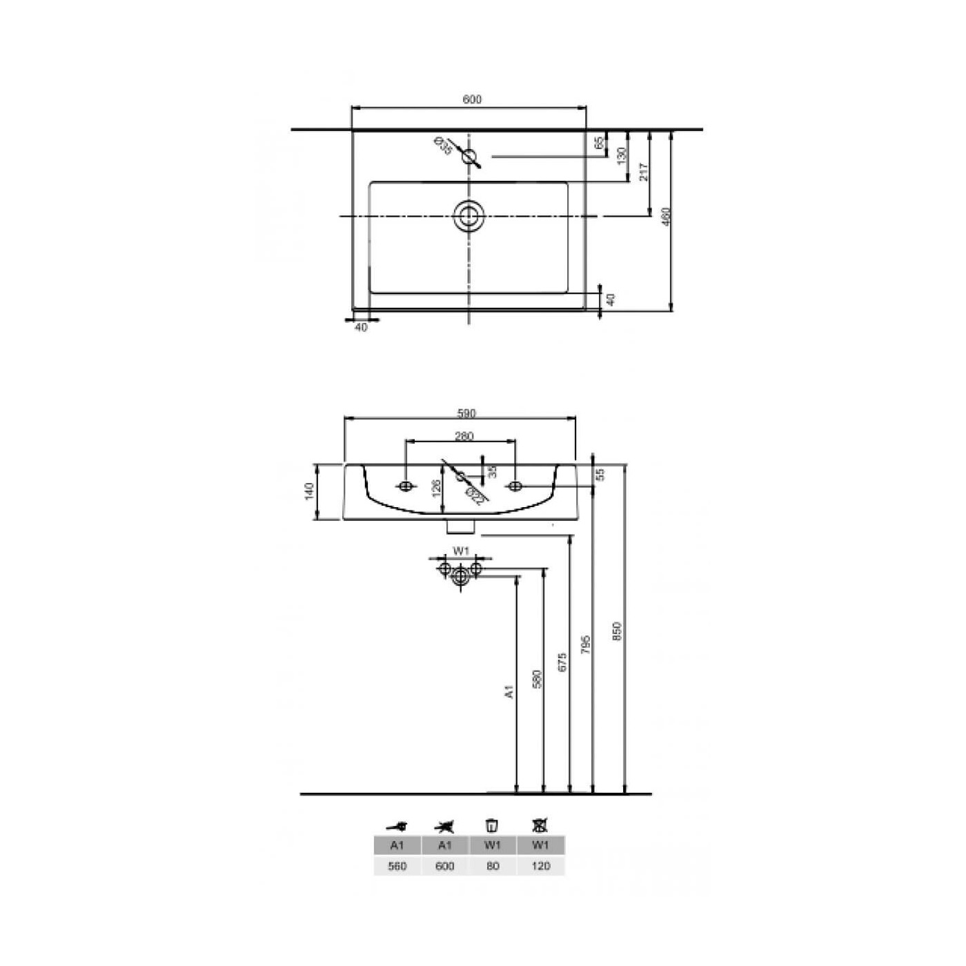 Umywalka Prostokątna Twins 60x46 Z Otworem L51160000 Koło