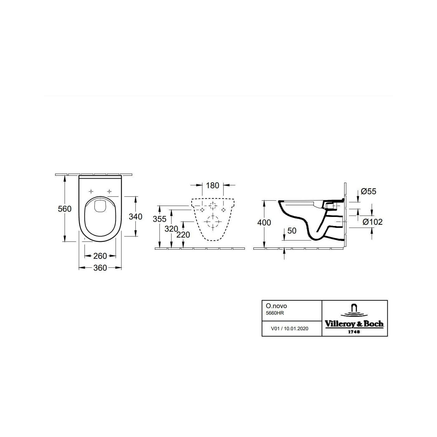 Miska WC Wisząca Bezrantowa O.Novo 56x36 Z Deską Wolnoopadającą 5660HR01 Villeroy&Boch