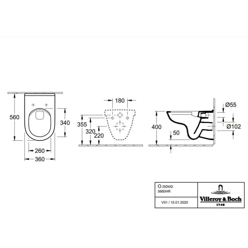 Miska WC Wisząca Bezrantowa O.Novo 56x36 Z Deską Wolnoopadającą 5660HR01 Villeroy&Boch