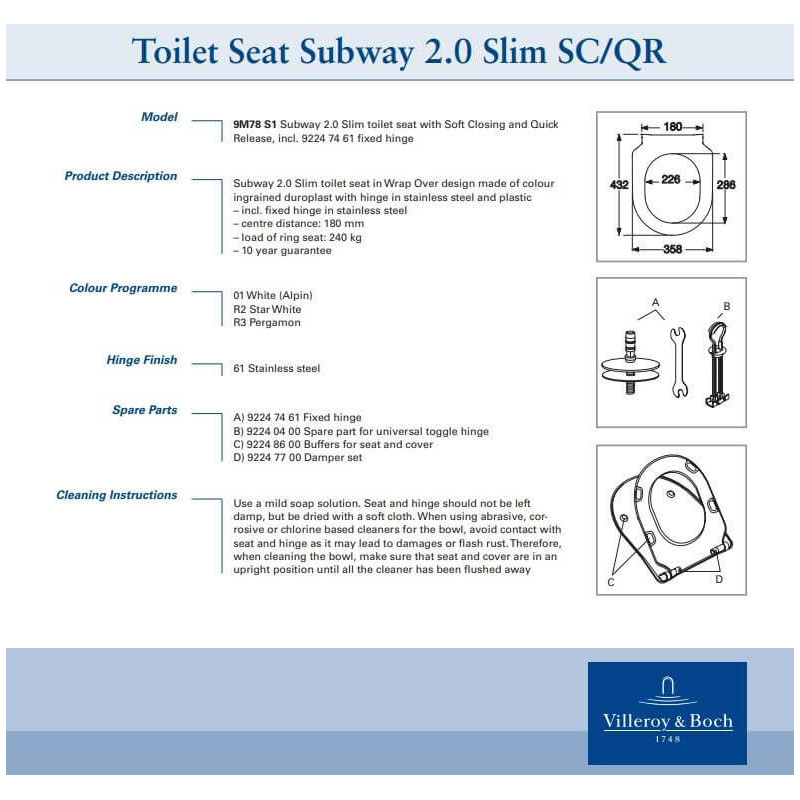 Deska WC Wolnoopadająca Subway 2.0 Slim 9M78S101 Villeroy&Boch