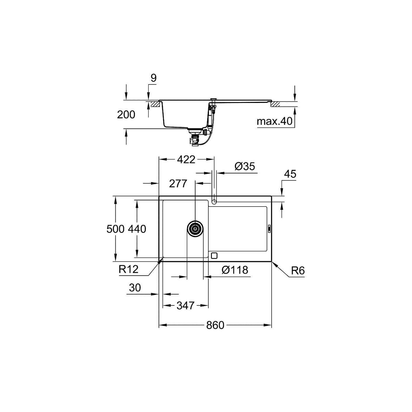 Zlewozmywak Kompozytowy K500 86x50 cm Z Ociekaczem Czarny Granit 31644AP0 Grohe