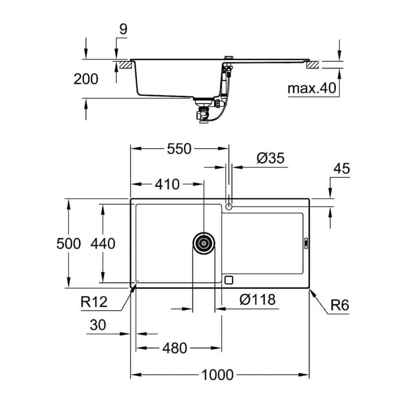 Zlewozmywak Kompozytowy K500 100x50 cm Z Ociekaczem Czarny Granit 31645AP0 Grohe