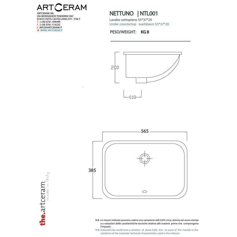 Umywalka Podblatowa Nettuno 56x38 NTL0010100 Artceram