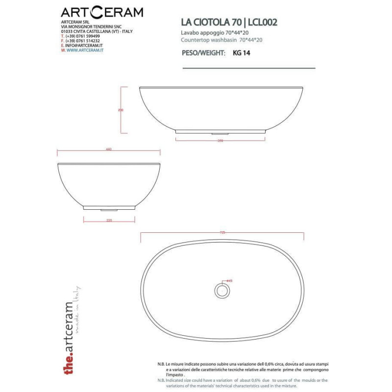 Umywalka Nablatowa La Ciotola 70x44 LCL0020100 Artceram
