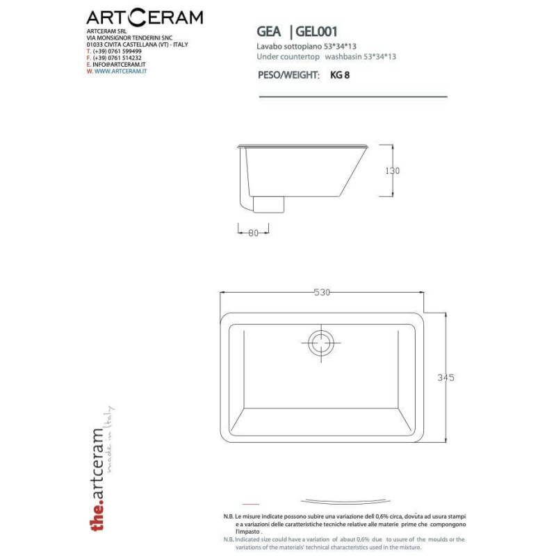 Umywalka Podblatowa Gea 53x34,5 GEL0010100 Artceram