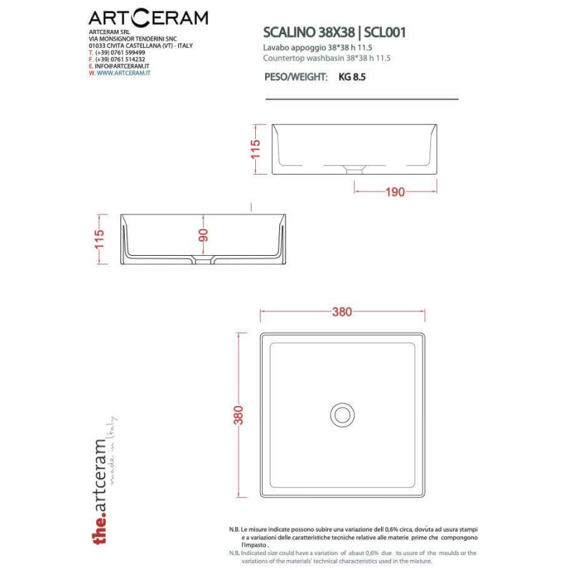 Umywalka Nablatowa Scalino 38x38 SCL0010100 Artceram