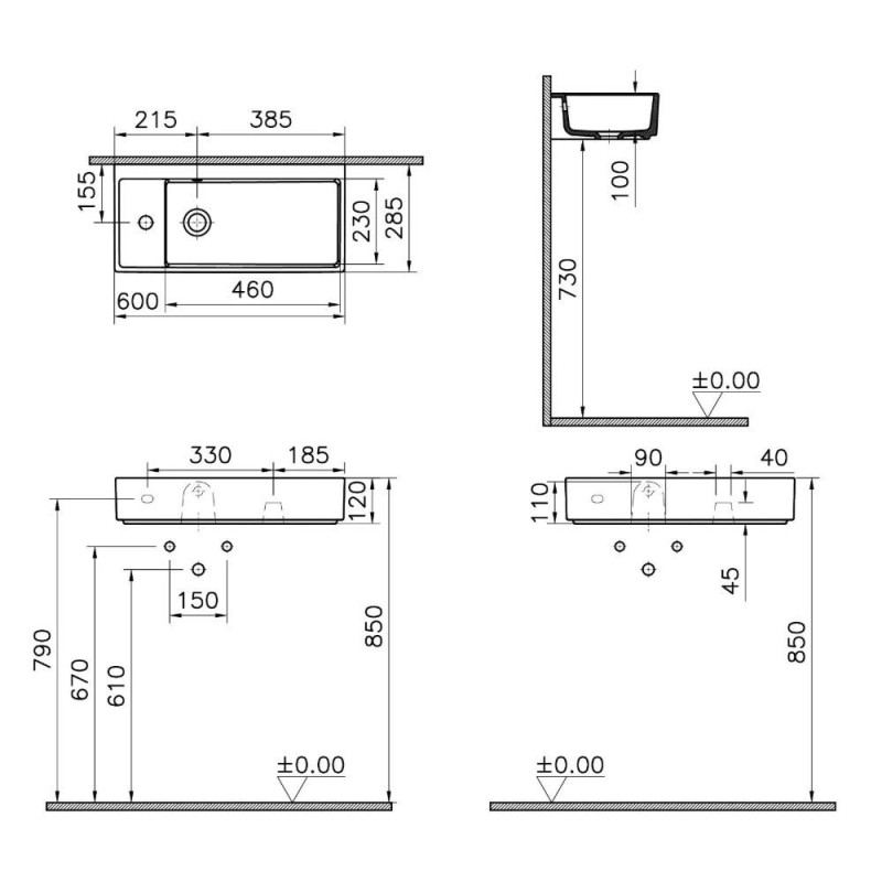 Umywalka Nablatowa Archiplan 60x28 Z Otworem Na Baterię Po Lewej Biała 7408B003-0052 Vitra