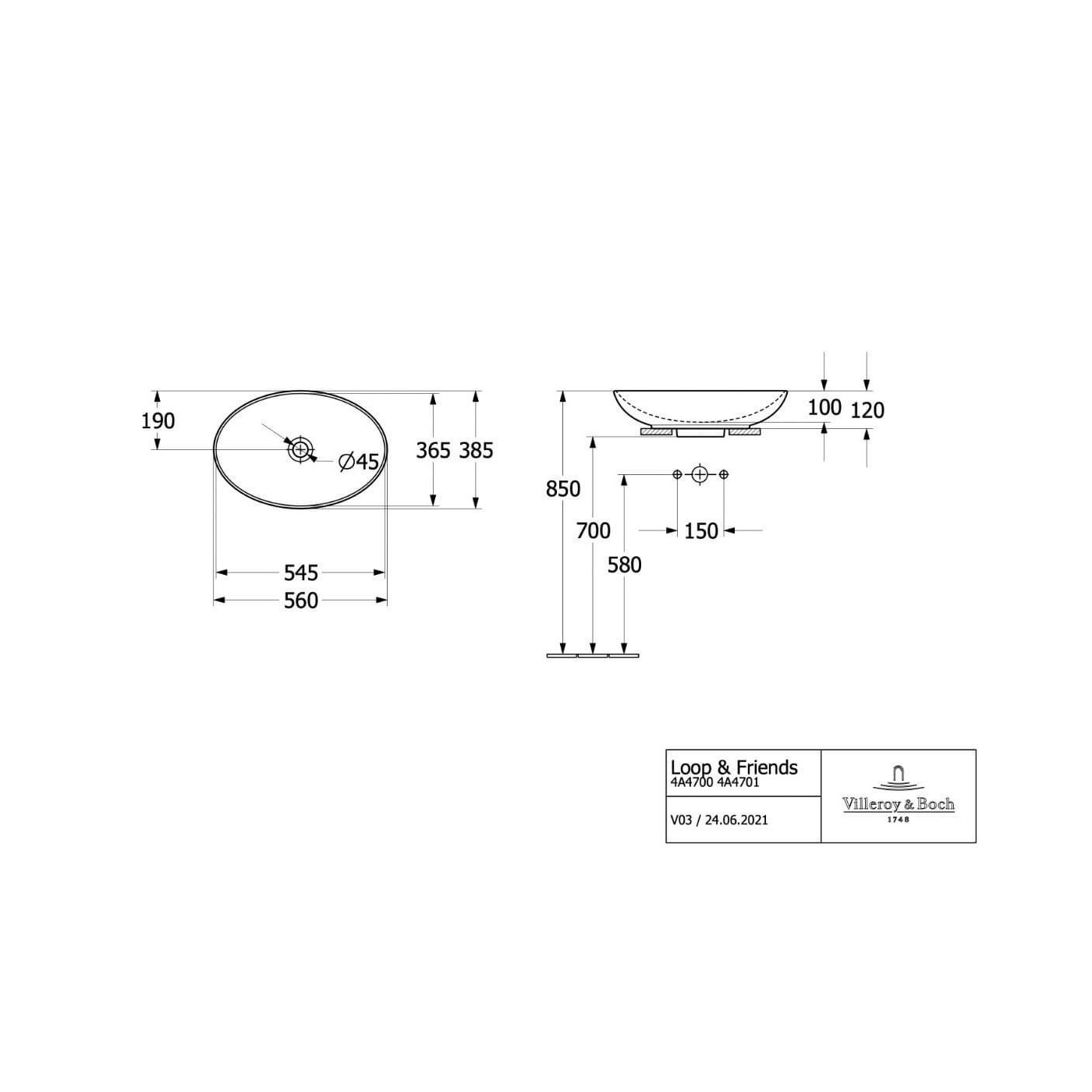 Umywalka Nablatowa Loop&Friends 56x38 CeramicPlus Weiss Alpin 4A4700R1 Villeroy&Boch