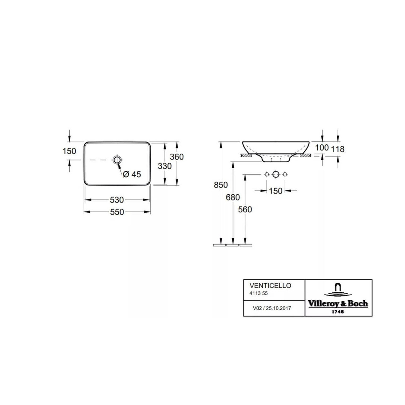 Umywalka Nablatowa Venticello 55x36 CeramicPlus Weiss Alpin 411355R1 Villeroy&Boch
