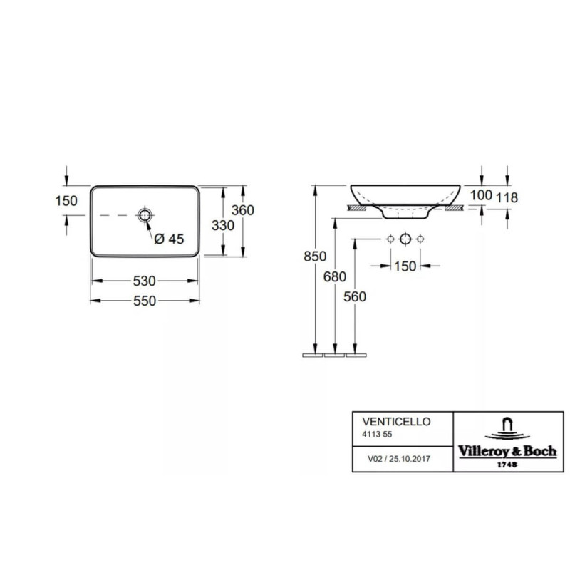 Umywalka Nablatowa Venticello 55x36 CeramicPlus Weiss Alpin 411355R1 Villeroy&Boch