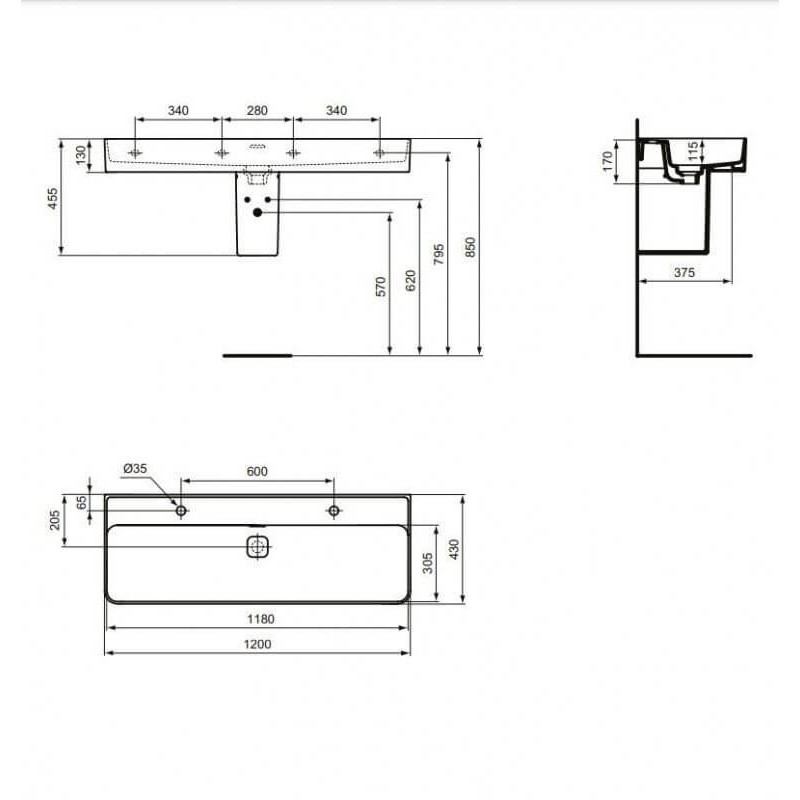 Umywalka Ścienna Strada II 120x43 Biały T364801 Ideal Standard