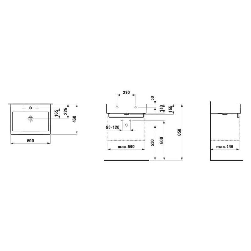 Umywalka Ścienna 600x460 mm Z Otworem Na Baterię Na Środku Living City Biały H8174330001041 Laufen
