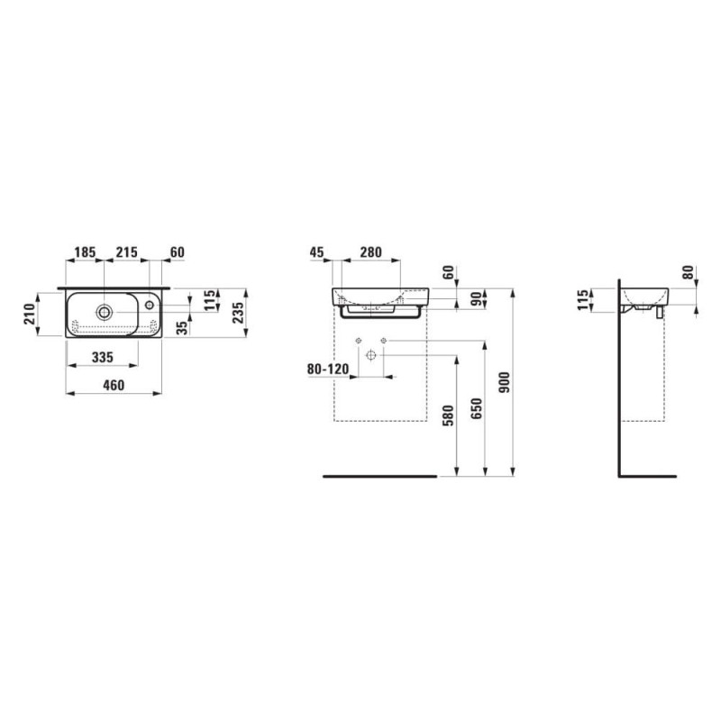Mała Umywalka Ścienna Z Półką Po Prawej Stronie 460x235 mm Meda Biały H8151130001141 Laufen