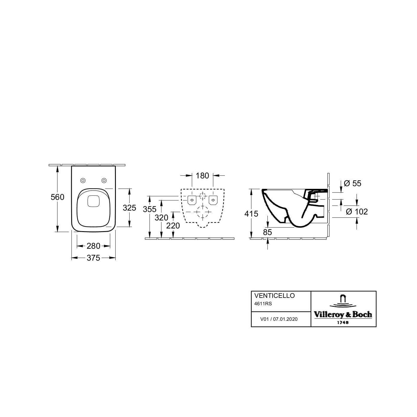 Miska WC Wisząca Bezrantowa Venticello 56x37 Z Deską Wolnoopadającą 4611RS01 Villeroy&Boch