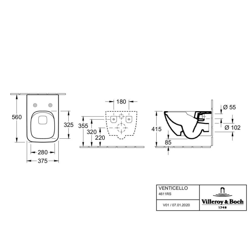 Miska WC Wisząca Bezrantowa Venticello 56x37 Z Deską Wolnoopadającą 4611RS01 Villeroy&Boch