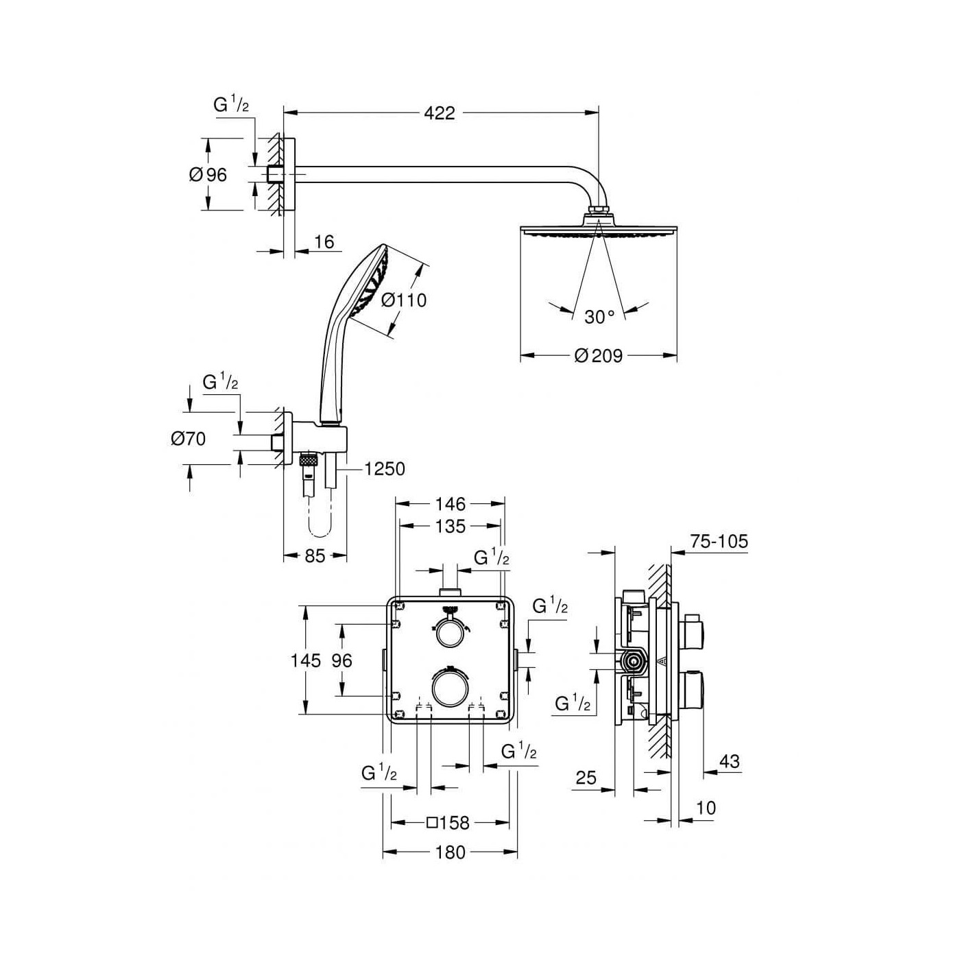Podtynkowy Zestaw Prysznicowy Z Deszczownicą Rainshower Cosmopolitan 210 Grohtherm 34734000 Grohe