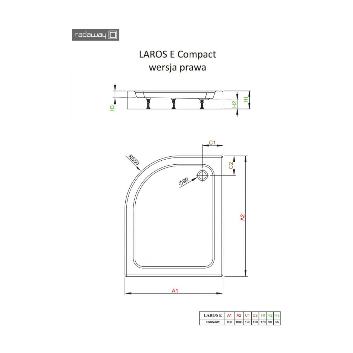 Brodzik Półokrągły Laros E Compact Prawy 100x80 SLE81017-01R Radaway