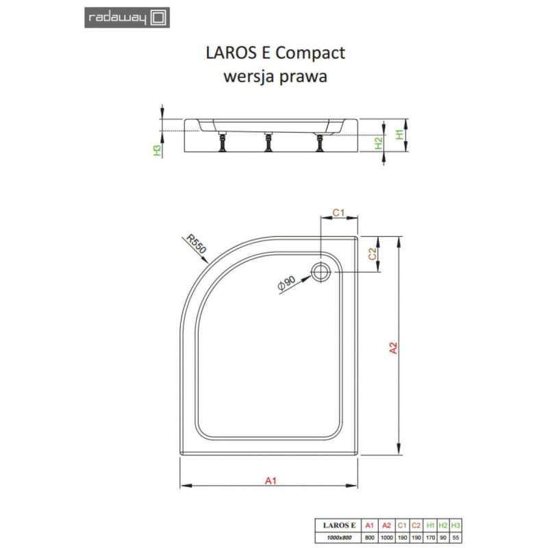 Brodzik Półokrągły Laros E Compact Prawy 100x80 SLE81017-01R Radaway