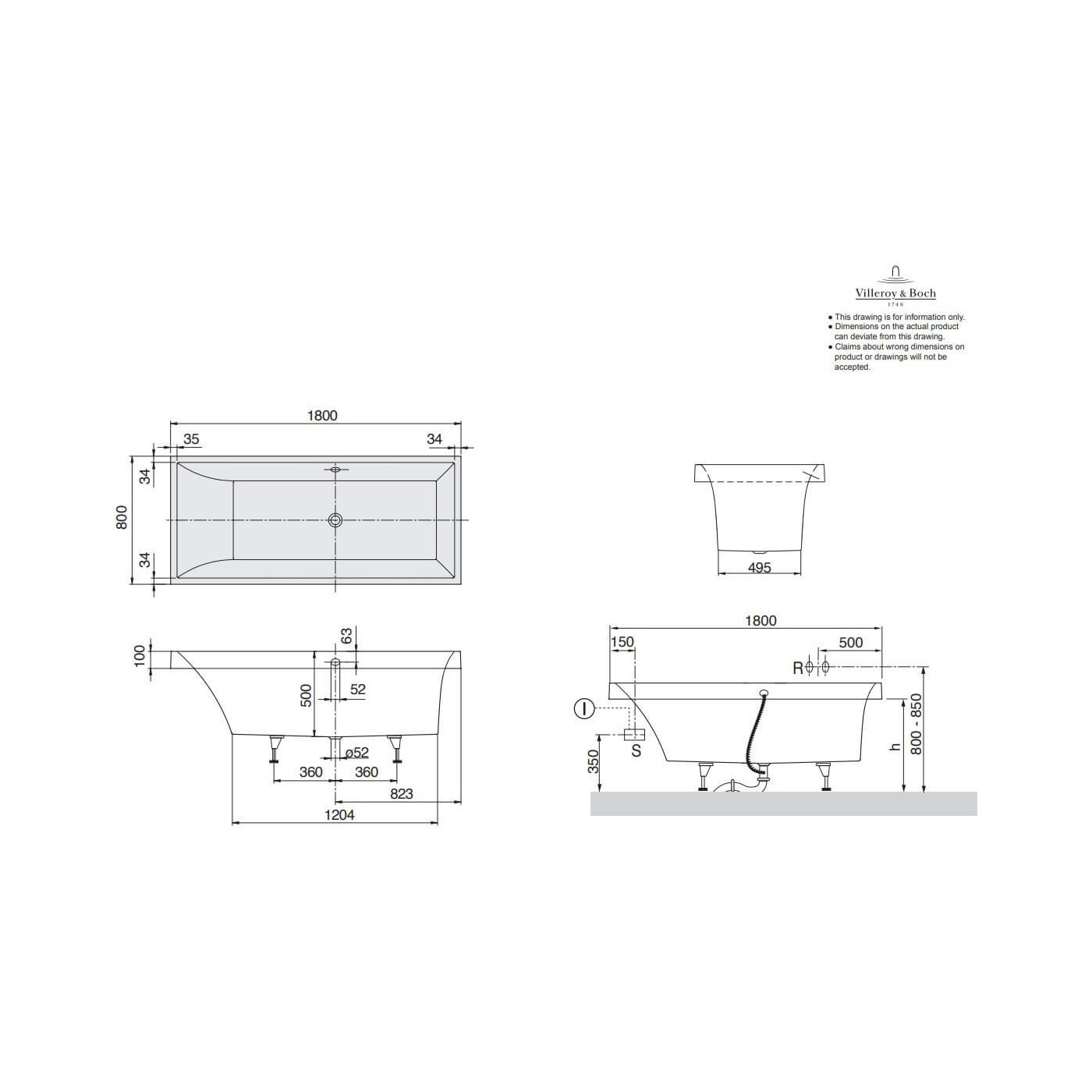 Wanna Prostokątna Squaro Biel Alpejska 180x80 UBQ180SQR2V-01 Villeroy&Boch