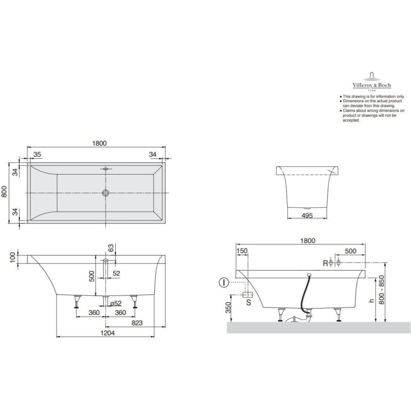 Wanna Prostokątna Squaro Biel Alpejska 180x80 UBQ180SQR2V-01 Villeroy&Boch