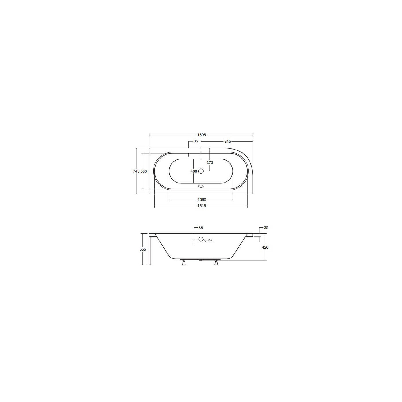 Wanna Asymetryczna Avita Prawa 170x75 Besco