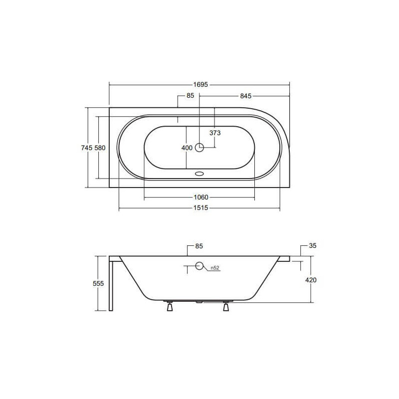 Wanna Asymetryczna Avita Prawa 170x75 Besco