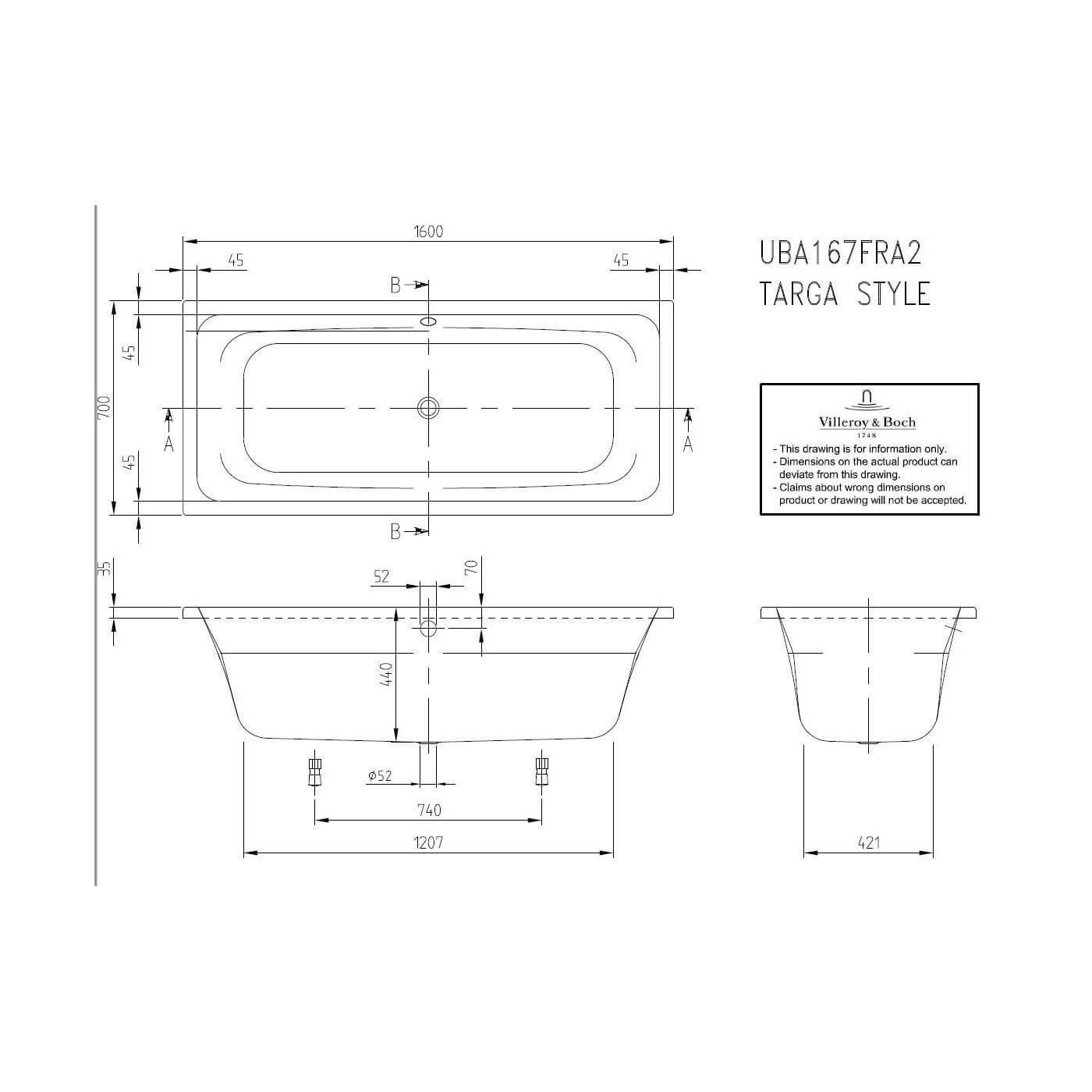 Wanna Do Zabudowy Targa 160x70 UBA167FRA2V-01 Villeroy&Boch