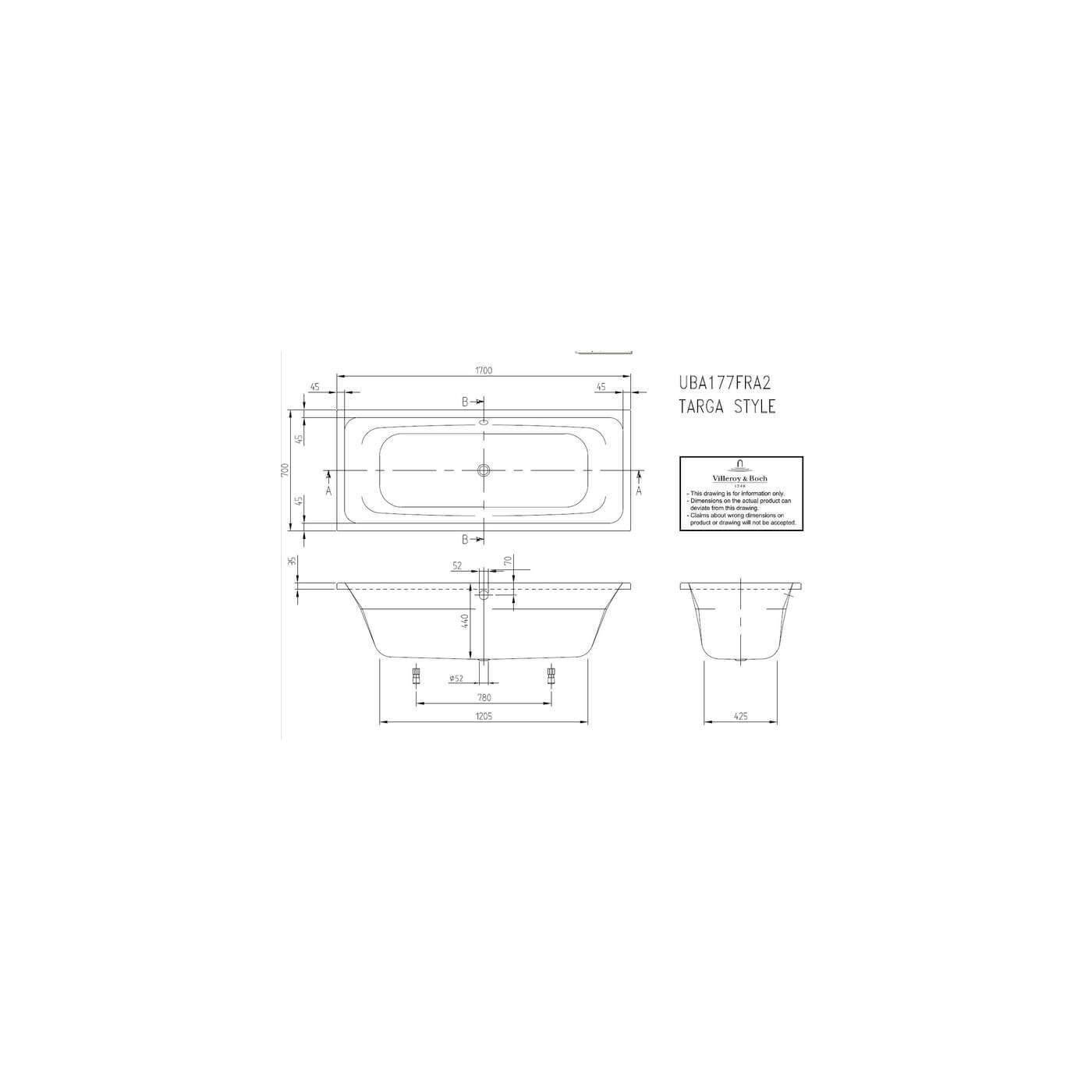 Wanna Do Zabudowy Targa 170x70 UBA177FRA2V-01 Villeroy&Boch