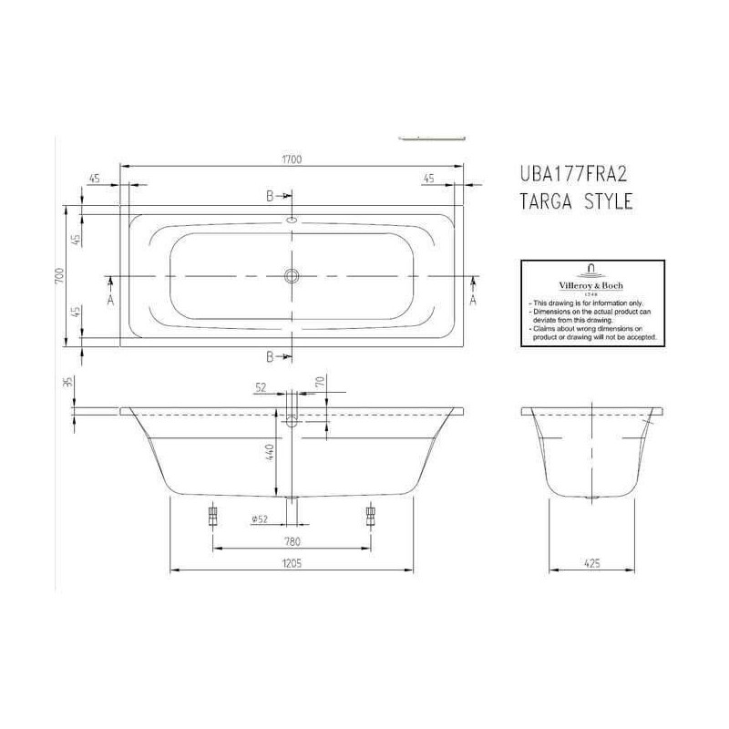 Wanna Do Zabudowy Targa 170x70 UBA177FRA2V-01 Villeroy&Boch