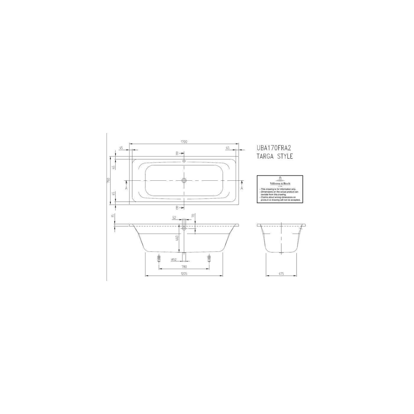 Wanna Do Zabudowy Targa 170x75 UBA170FRA2V-01 Villeroy&Boch