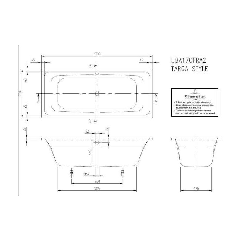 Wanna Do Zabudowy Targa 170x75 UBA170FRA2V-01 Villeroy&Boch