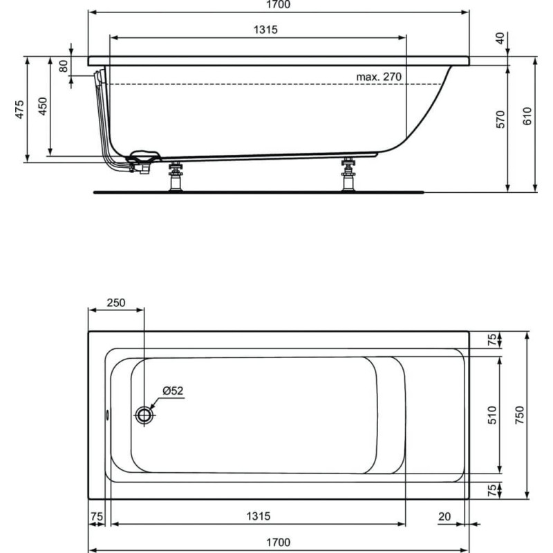 Wanna Do Zabudowy Connect Air E1064 Biała 170x75 Ideal Standard