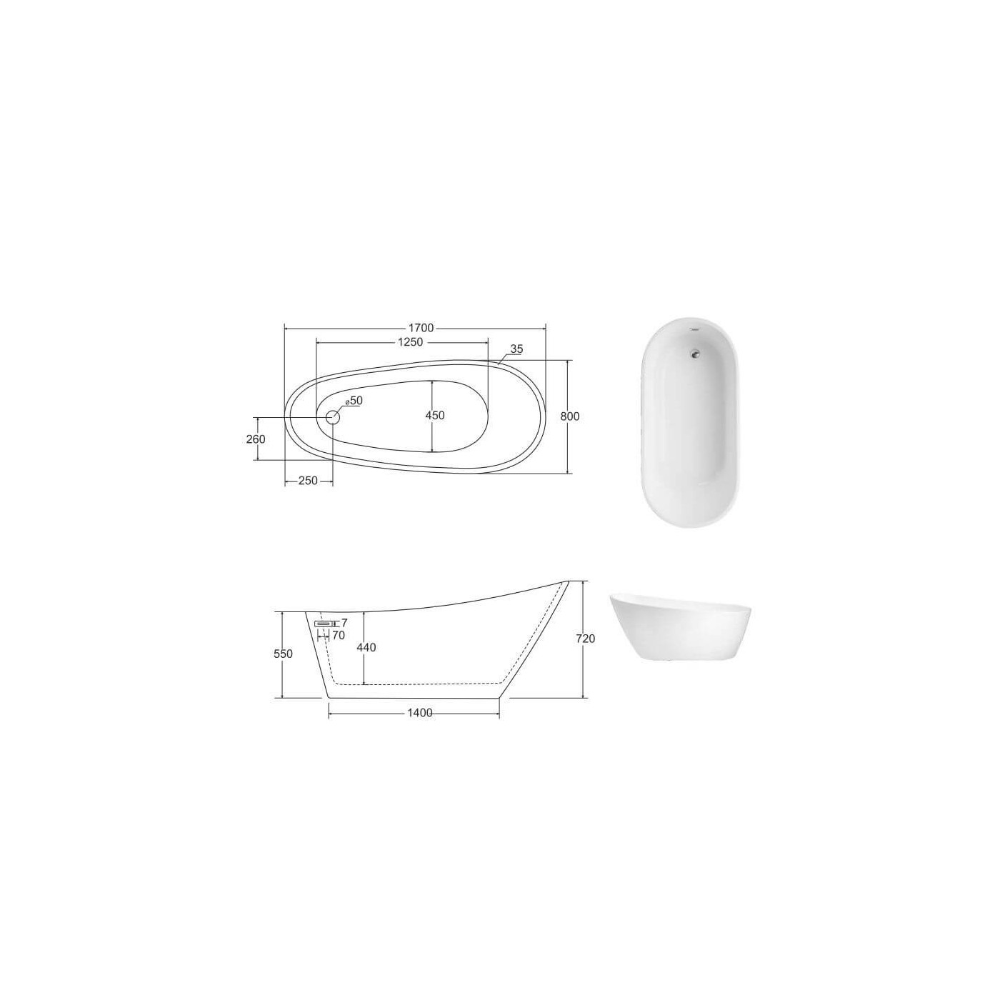 Wanna Wolnostojąca Melody 170 Biała 170x80 Besco
