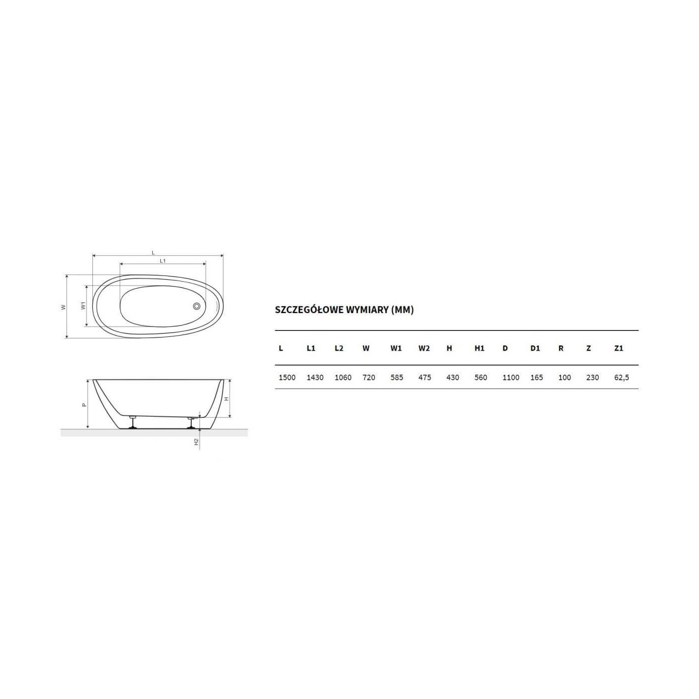 Wanna Wolnostojąca Olia 2.0 WAEX.OLI2.15WH 150x73 Excellent