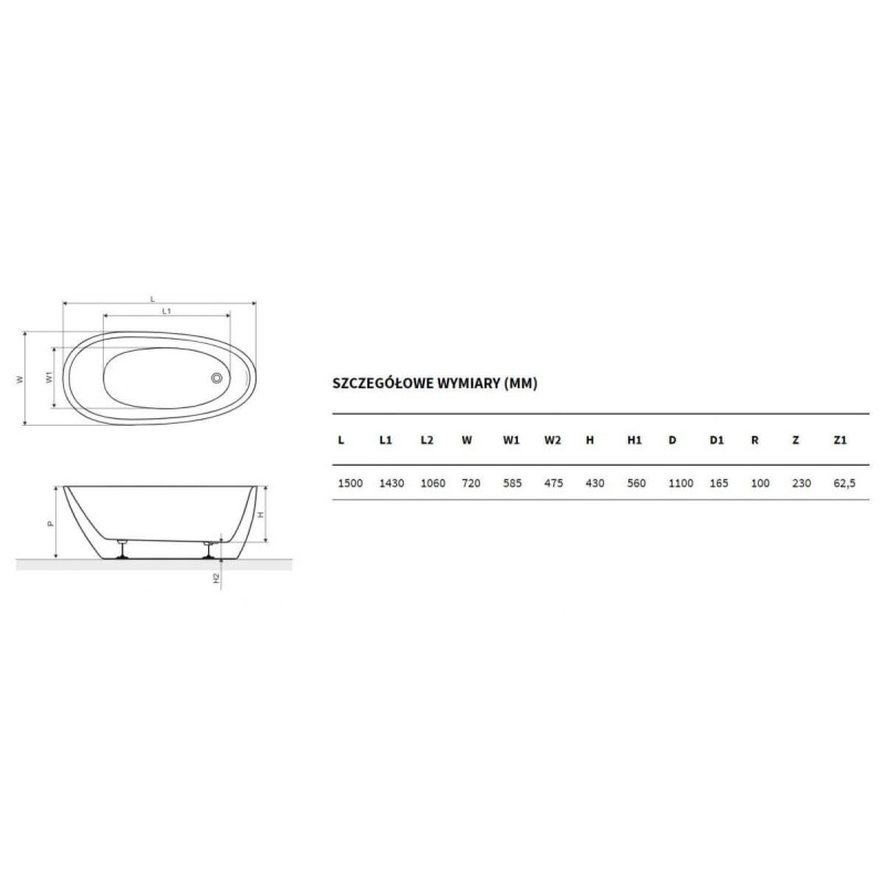 Wanna Wolnostojąca Olia 2.0 WAEX.OLI2.15WH 150x73 Excellent