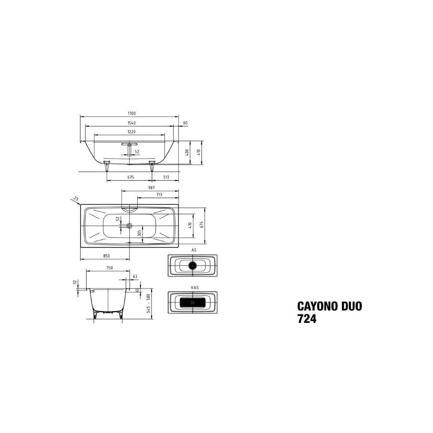 Wanna Do Zabudowy Cayono Duo 170x75 cm 272400010001 Kaldewei