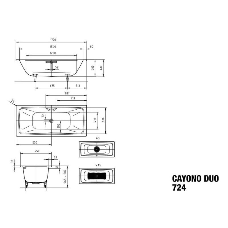 Wanna Do Zabudowy Cayono Duo 170x75 cm 272400010001 Kaldewei
