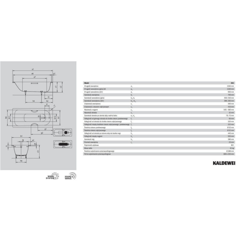 Wanna Do Zabudowy Saniform Plus 361-1 150x70 cm 111600010001 Kaldewei