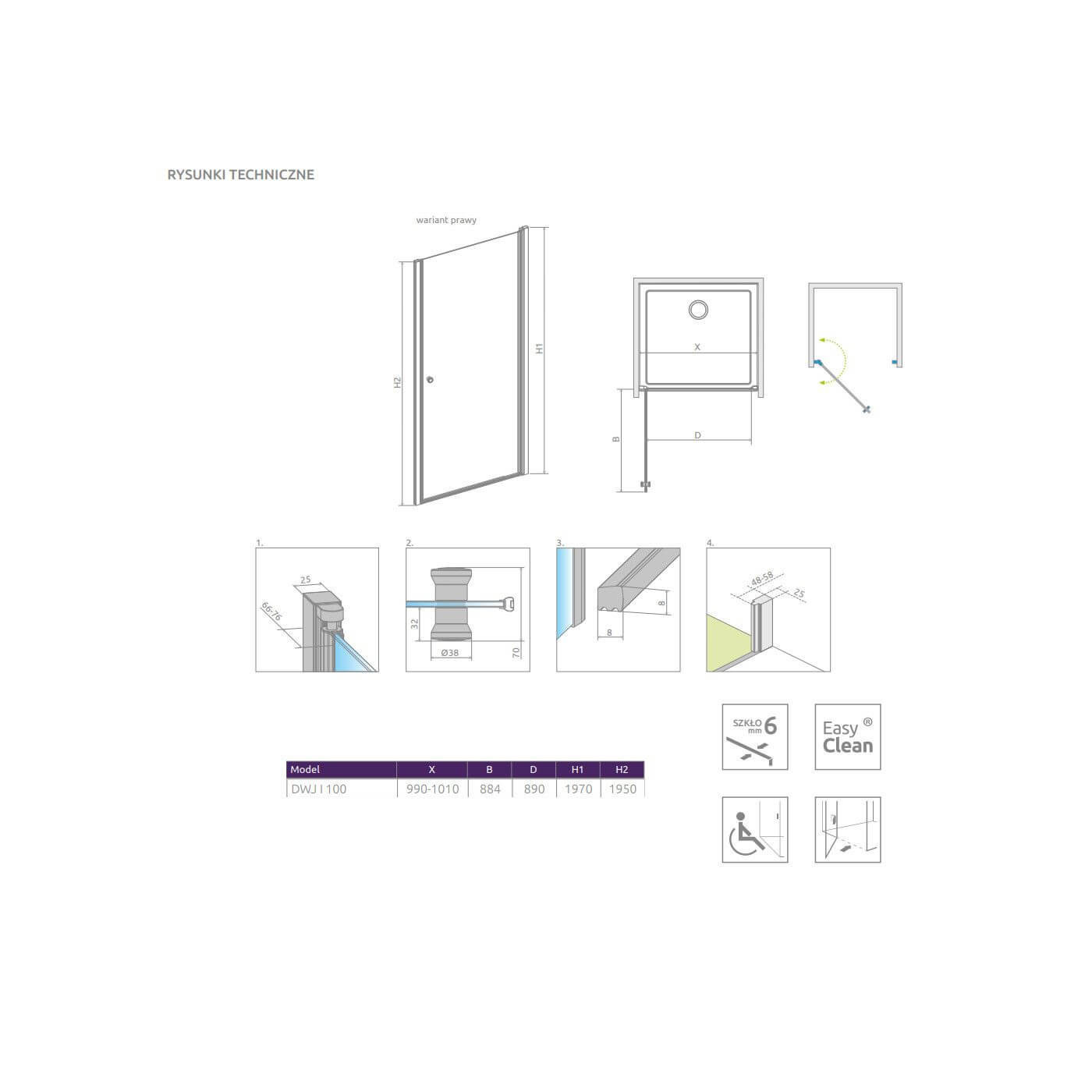Drzwi Prysznicowe Eos DWJ I 100 Prawe 137923-01-01R Radaway