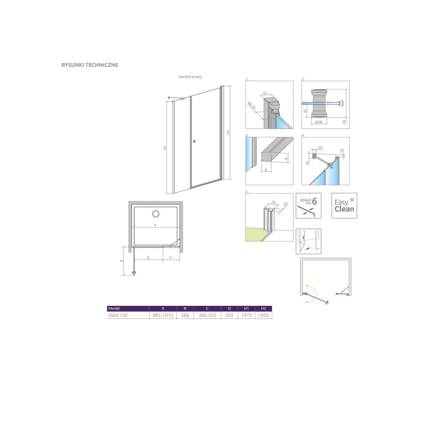 Drzwi Prysznicowe Eos DWS 100 Prawe 137990-01-01R Radaway