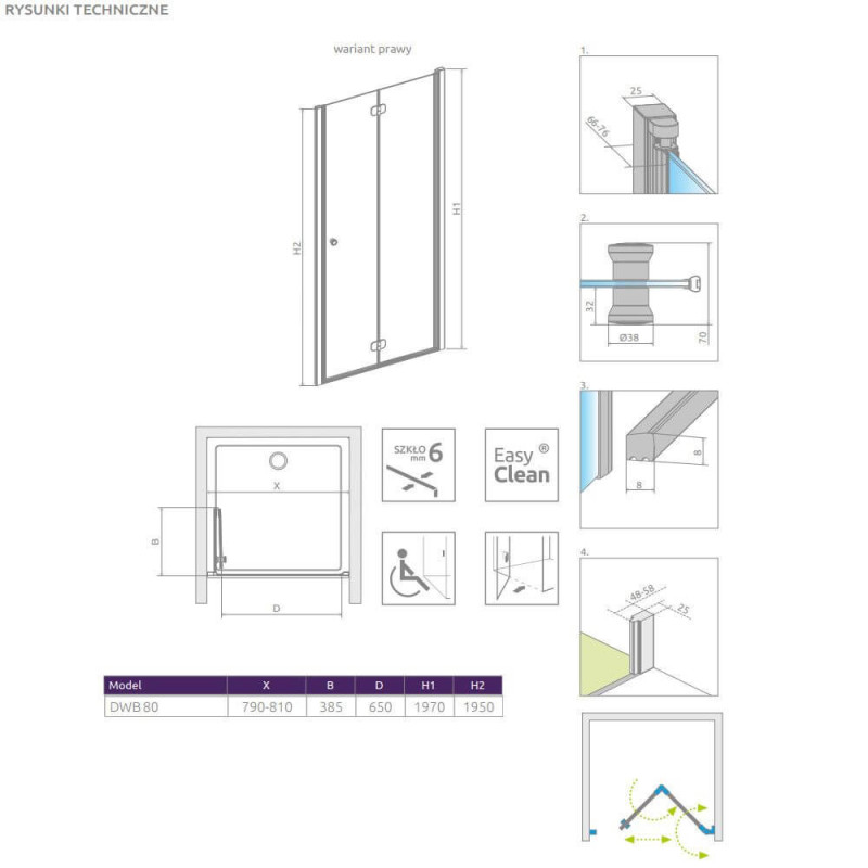 Drzwi Prysznicowe Eos DWB 80 Prawe 137813-01-01R Radaway