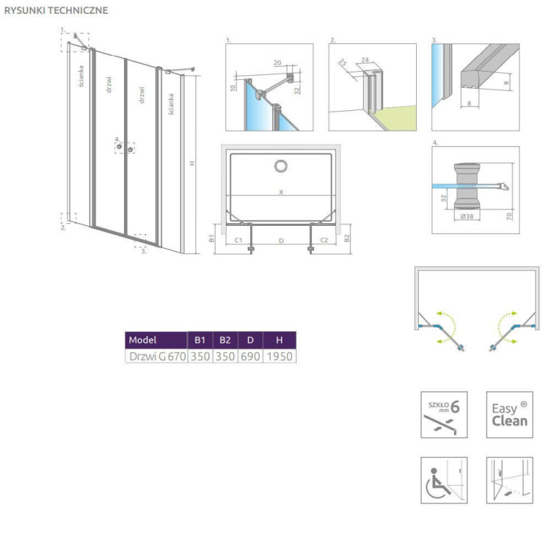 Drzwi Prysznicowe Eos DWD II G 670 13799670-01-01 Radaway