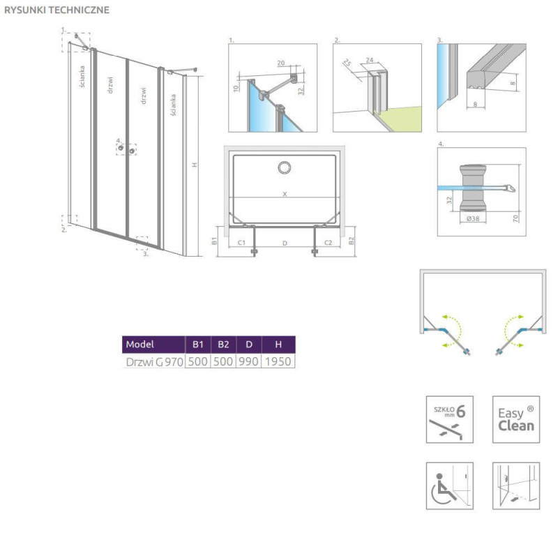 Drzwi Prysznicowe Eos DWD II G 970 13799970-01-01 Radaway