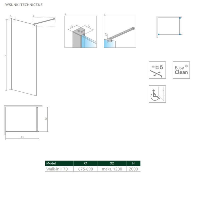 Kabina Nes Walk-In II 70 Czarna 10013070-54-01 Radaway