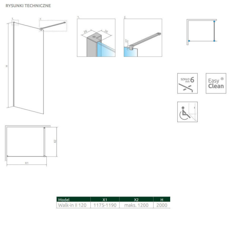 Kabina Nes Walk-In II 120 Czarna 10013120-54-01 Radaway