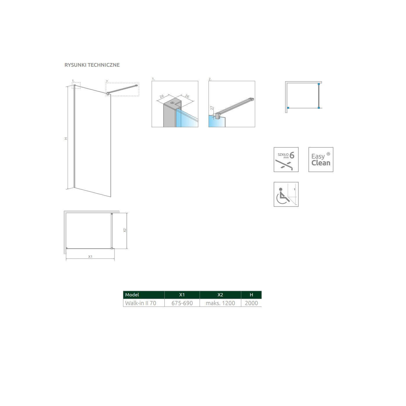 Kabina Nes Walk-In II 70 Czarna Frame 10013070-54-56 Radaway